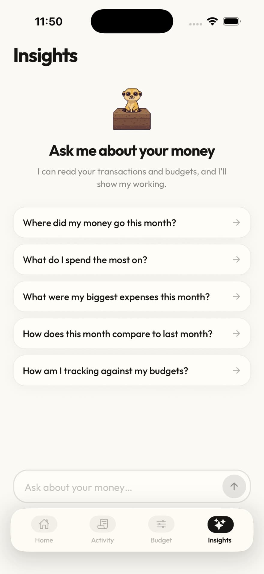 The assistant screen: Meer the pixel meerkat above "Ask me about your money", with starter questions including "What do I spend the most on?" and "How am I tracking against my budgets?"