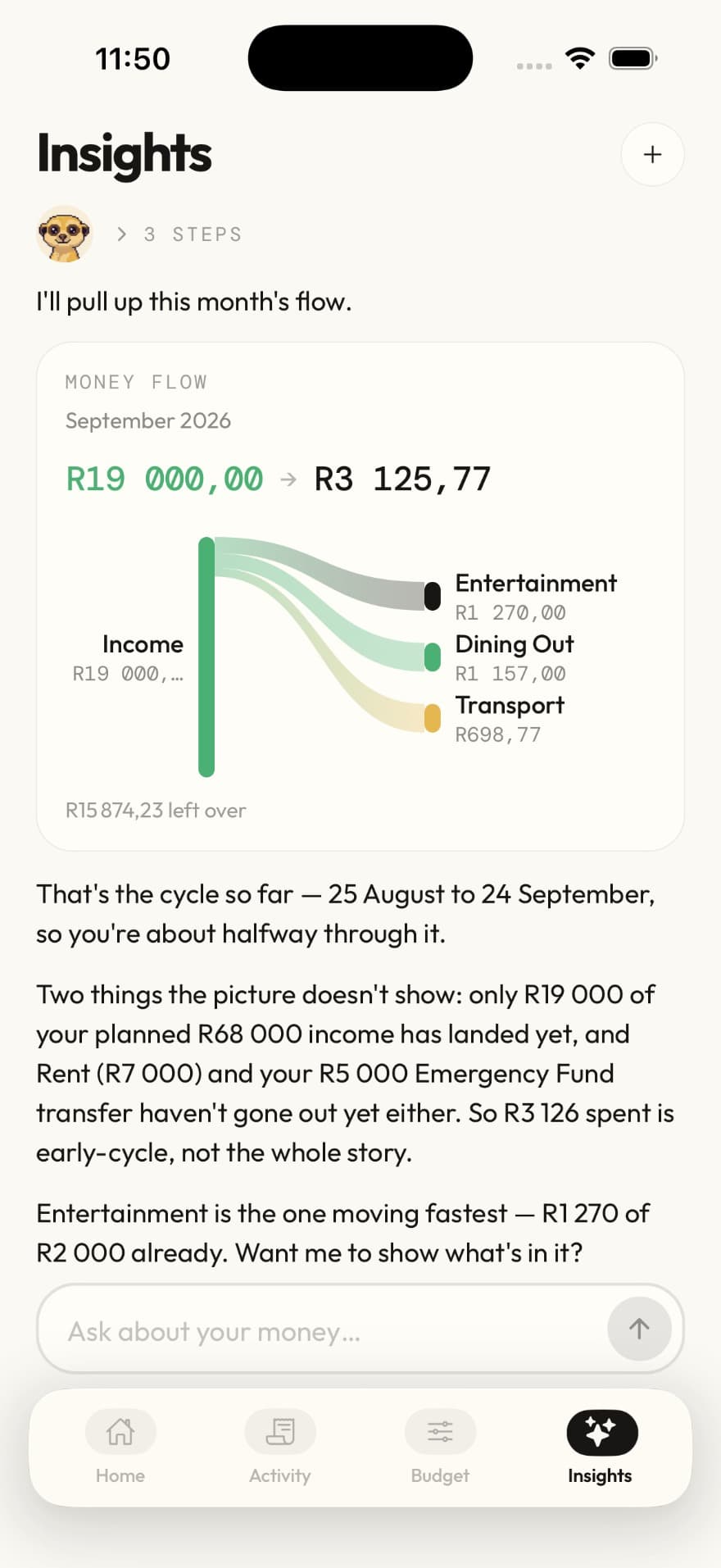 The assistant answering "Where did my money go this month?" with a September 2026 flow diagram splitting R19 000 of income across Entertainment, Dining Out and Transport.