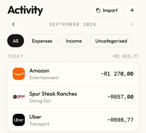 Meer’s Activity screen: today’s Amazon, Spur Steak Ranches and Uber charges, each already named and sorted into Entertainment, Dining Out and Transport.