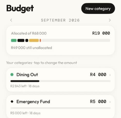 Meer’s Budget screen: R19 000 allocated of R68 000, with category rows for Dining Out and Emergency Fund showing what is left and how many days remain.